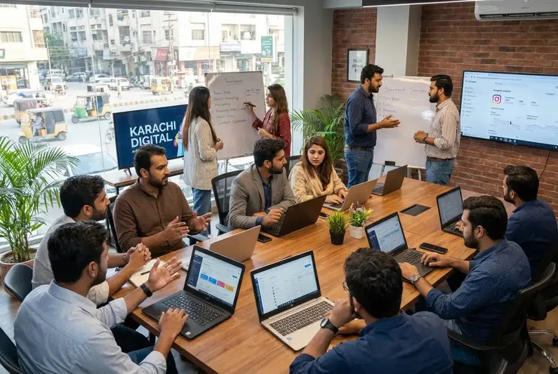 digital marketing agency team modern office working together